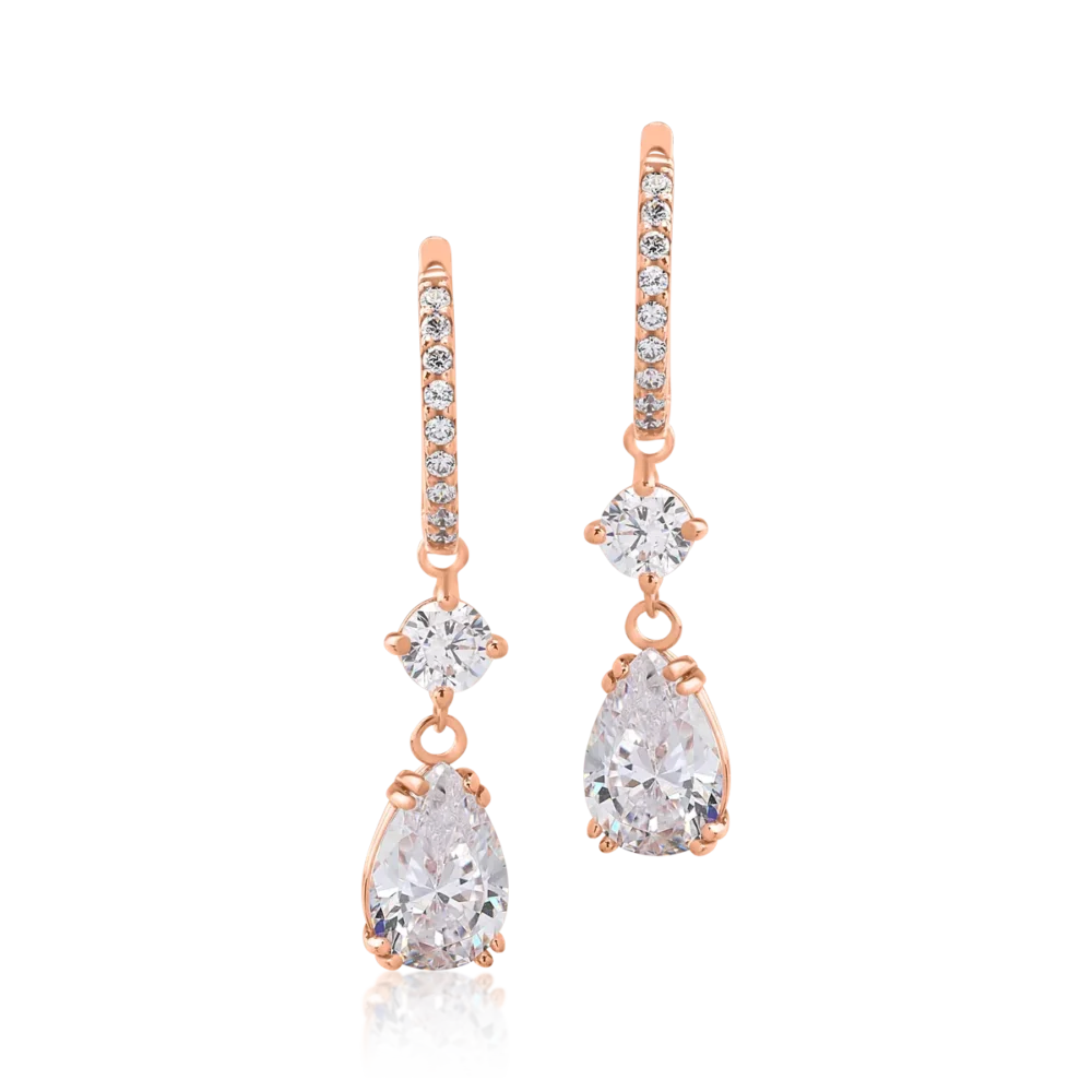 Cercei lungi din aur roz cu zirconii - imagine 2