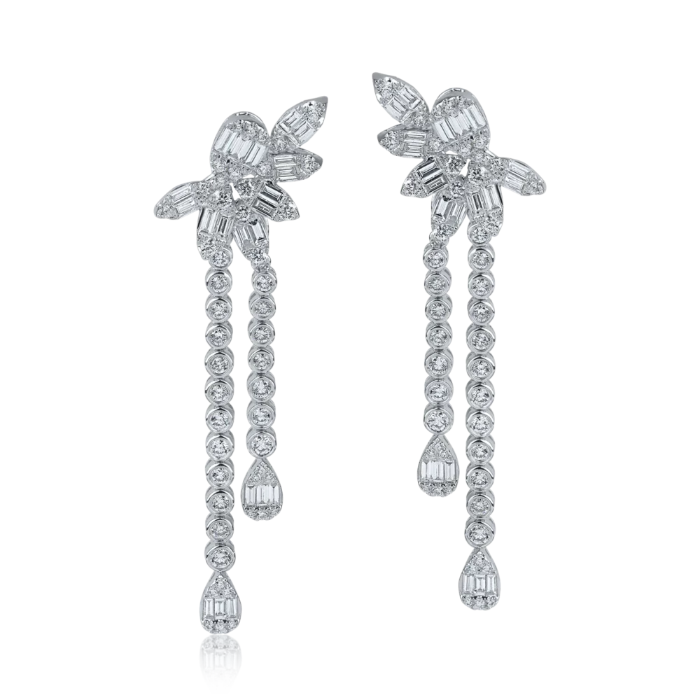 Cercei lungi floare din aur alb cu diamante baguette si round de 2.5ct - imagine 2