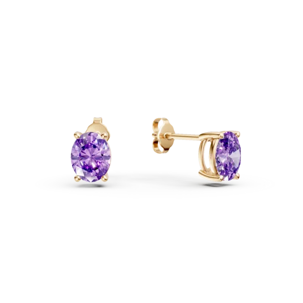 Cercei minimalisti din aur galben cu zirconia mov solitaire