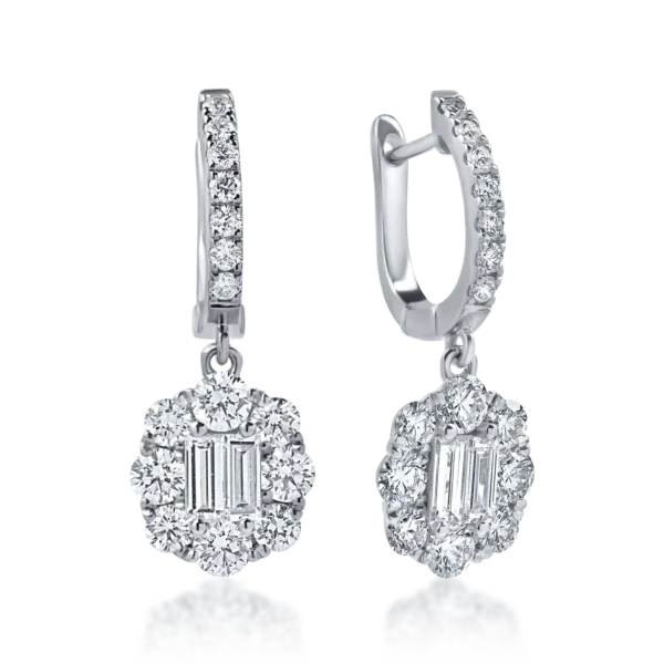 Cercei on ear din aur alb cu diamante baguette si rotunde de 1.8ct