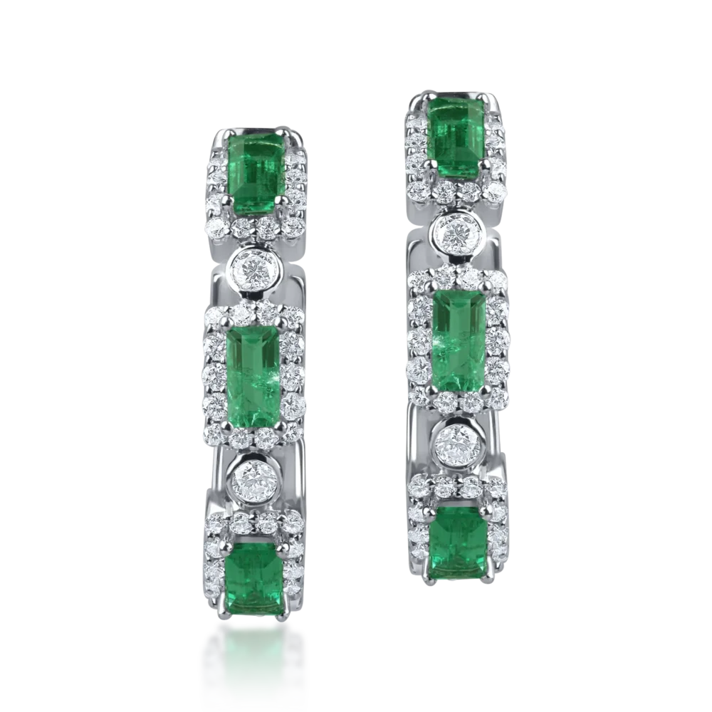 Cercei on ear din aur alb cu smaralde rectangulare de 0.7ct si diamante de 0.5ct - imagine 2