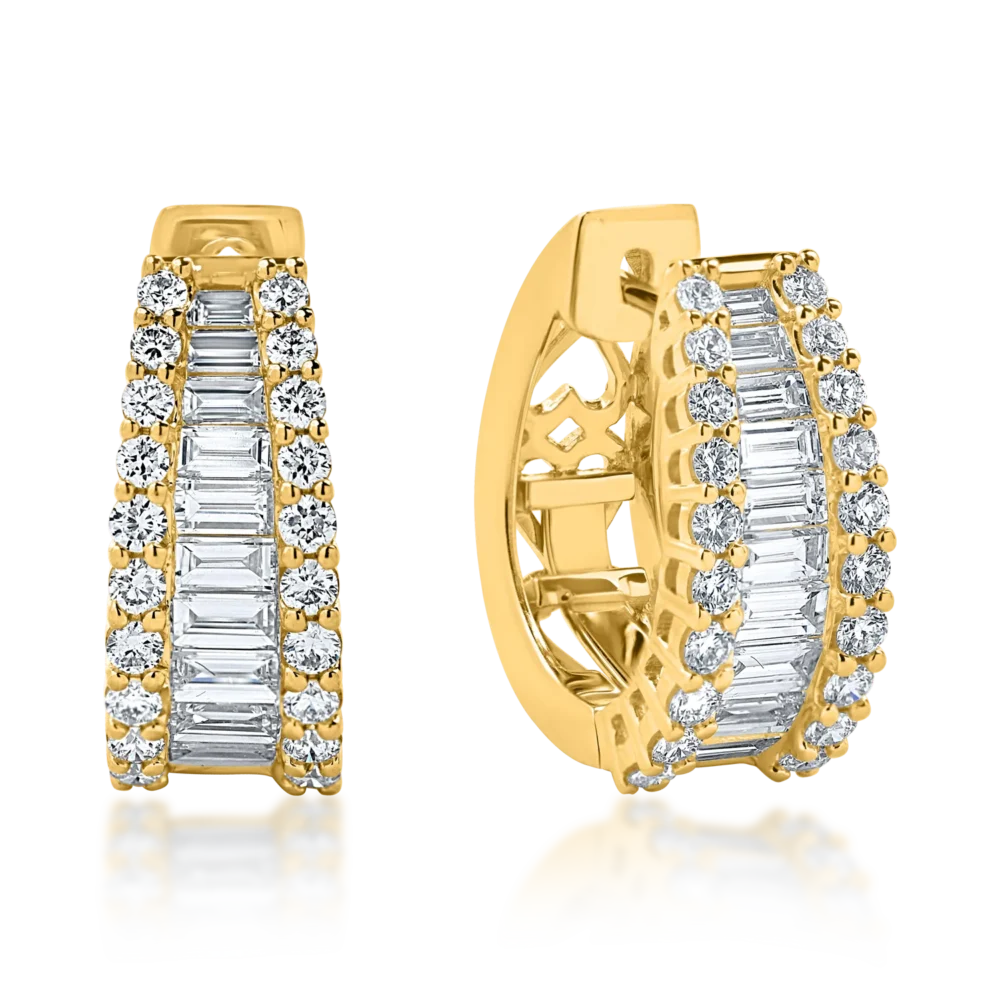 Cercei on ear din aur galben cu diamante baguette si rotunde de 1.9ct