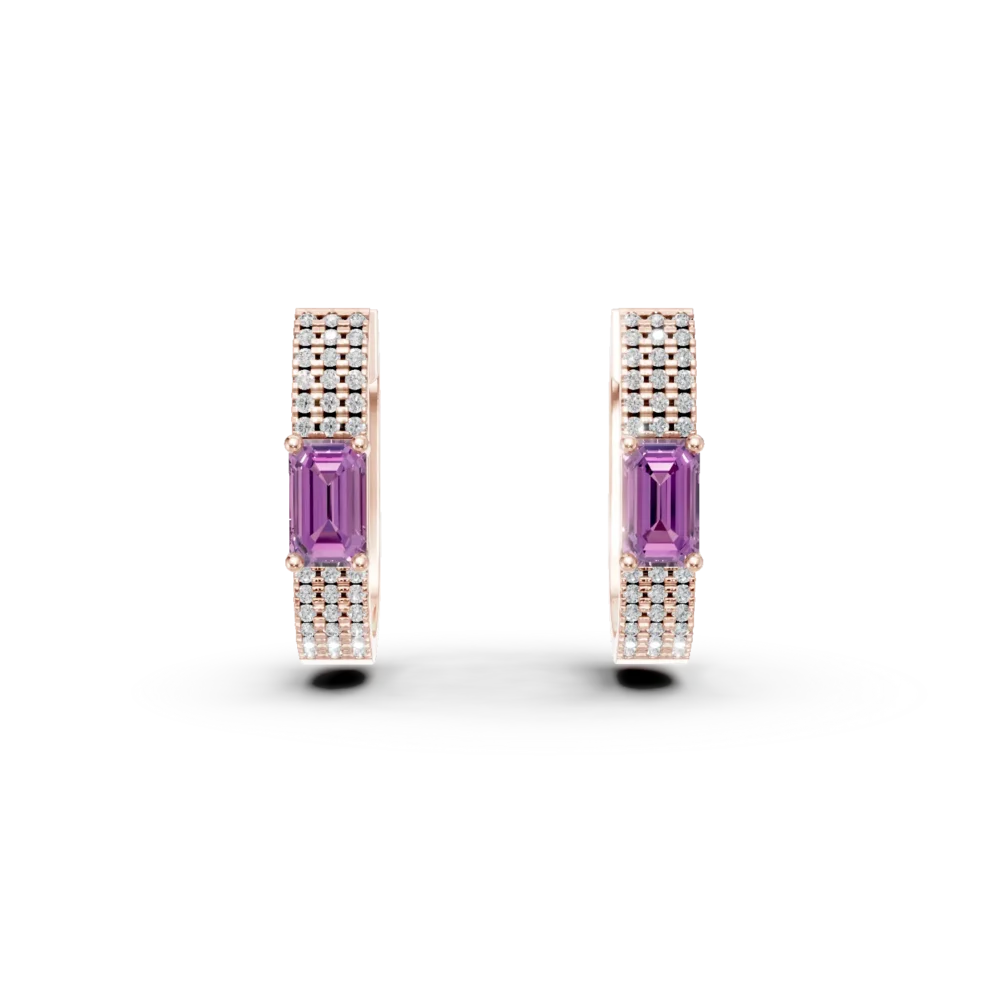 Cercei on ear din aur roz cu safire roz baguette de 0.5ct si diamante rotunde de 0.1ct