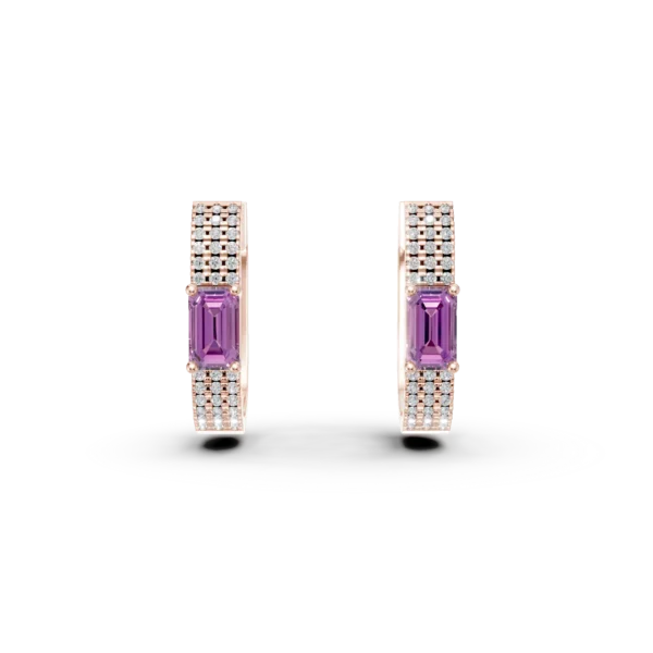 Cercei on ear din aur roz cu safire roz baguette de 0.5ct si diamante rotunde de 0.1ct