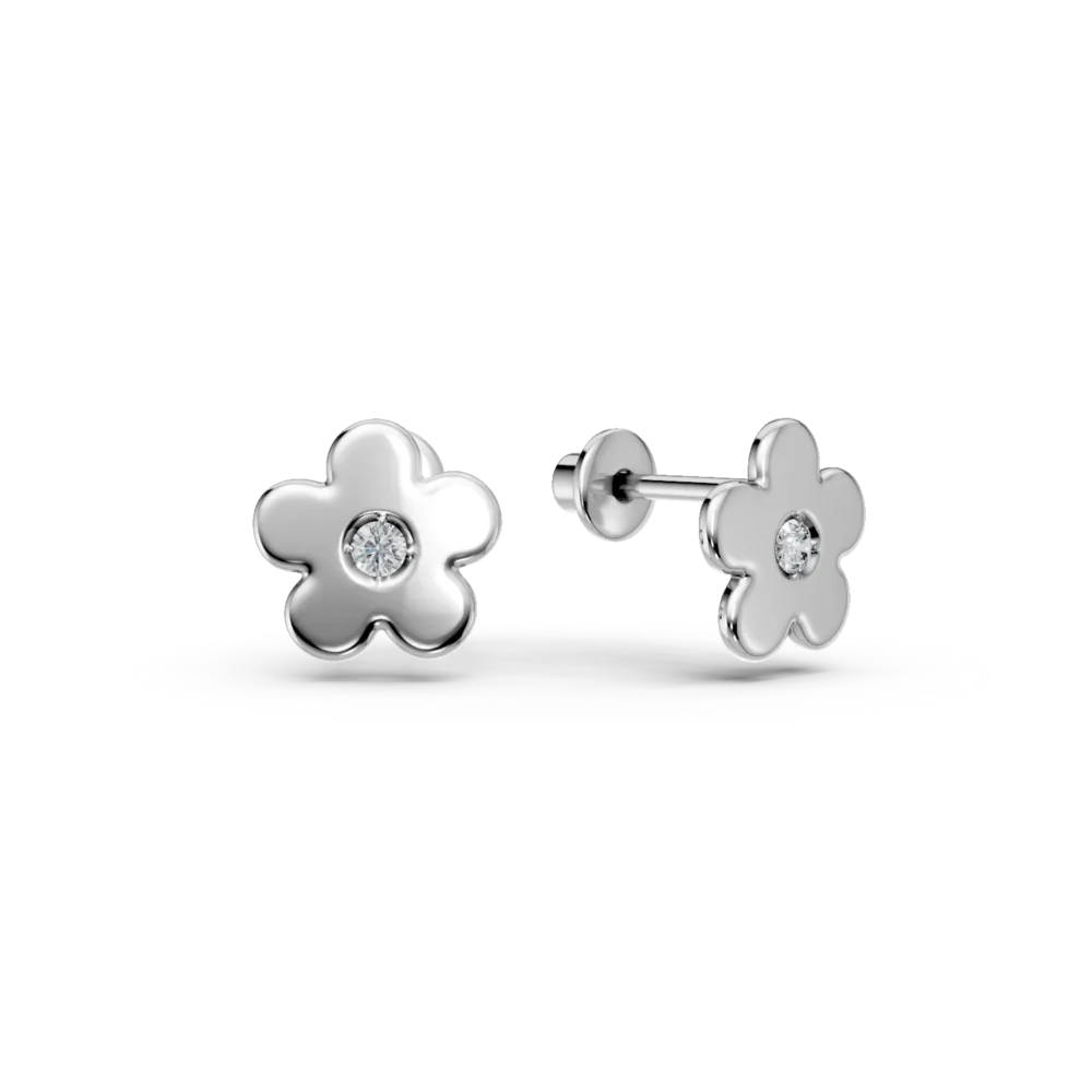 Cercei pentru copii cu floricele din aur alb cu diamante de 0.01ct