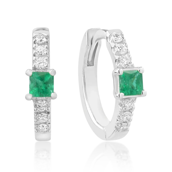 Cercei din aur alb cu smaralde princess de 0.08ct si diamante de 0.06ct pentru copii