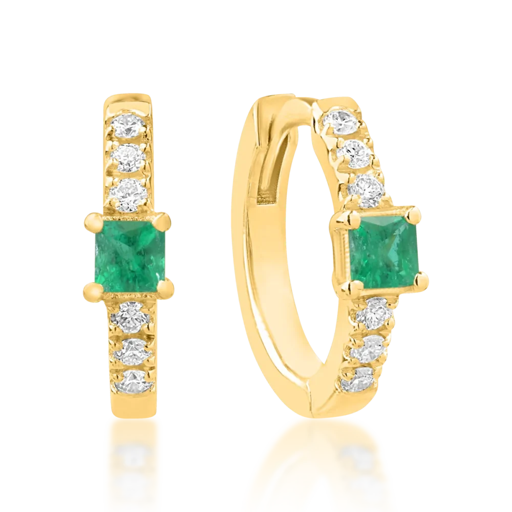 Cercei din aur galben cu smaralde princess de 0.08ct si diamante round de 0.06ct pentru copii