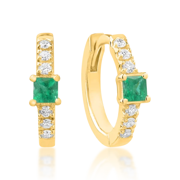 Cercei din aur galben cu smaralde princess de 0.08ct si diamante round de 0.06ct pentru copii