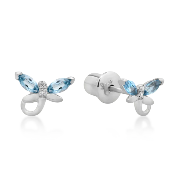 Cercei fluturasi din aur alb cu topaz albastru marquise de 0.4ct si diamante round de 0.01ct pentru copii