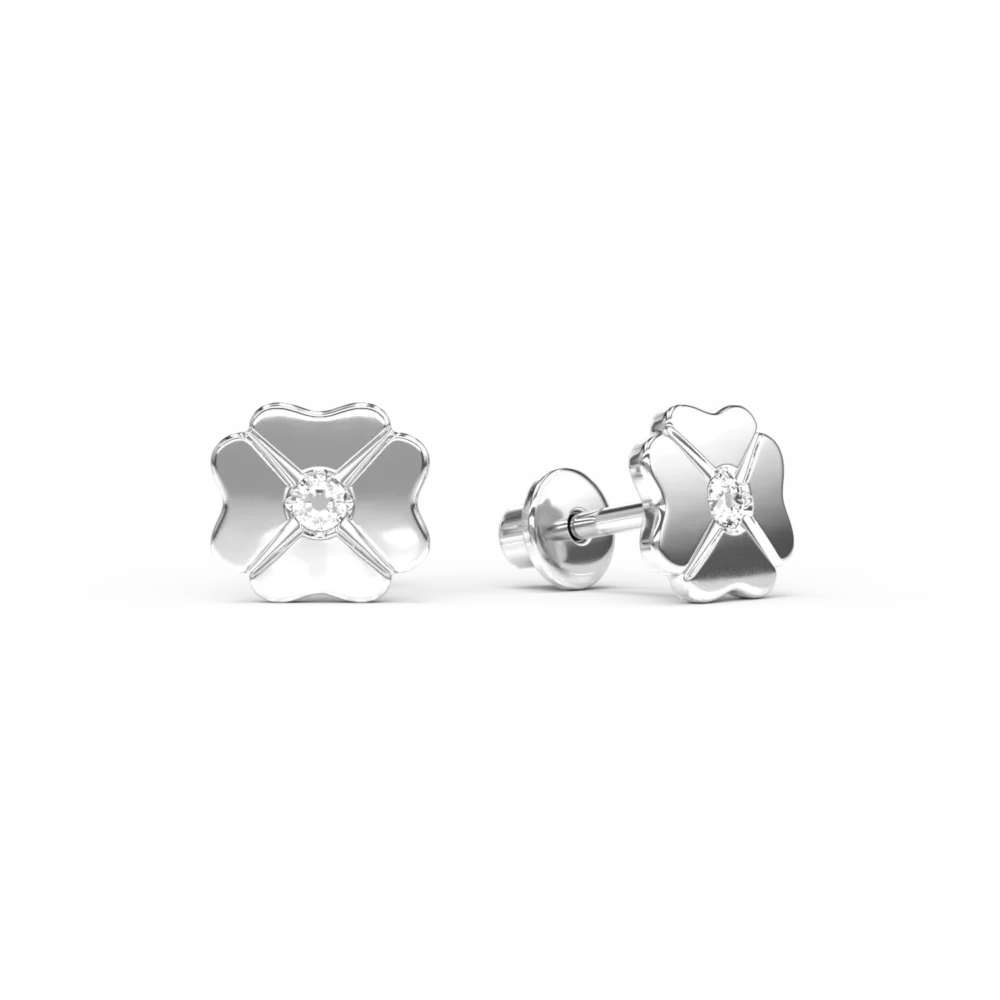 Cercei pentru copii trifoi din aur alb cu diamante de 0.04ct