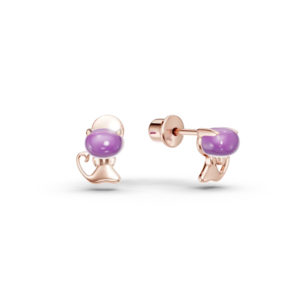 Cercei pisicute din aur roz cu ametiste ovale de 0.5ct pentru copii