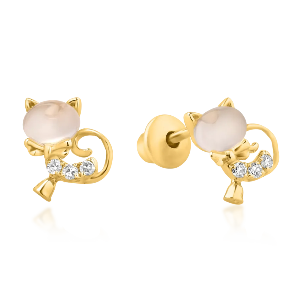 Cercei pisicute din aur galben cu topaze albe ovale de 0.59ct si diamante round de 0.036ct pentru copii
