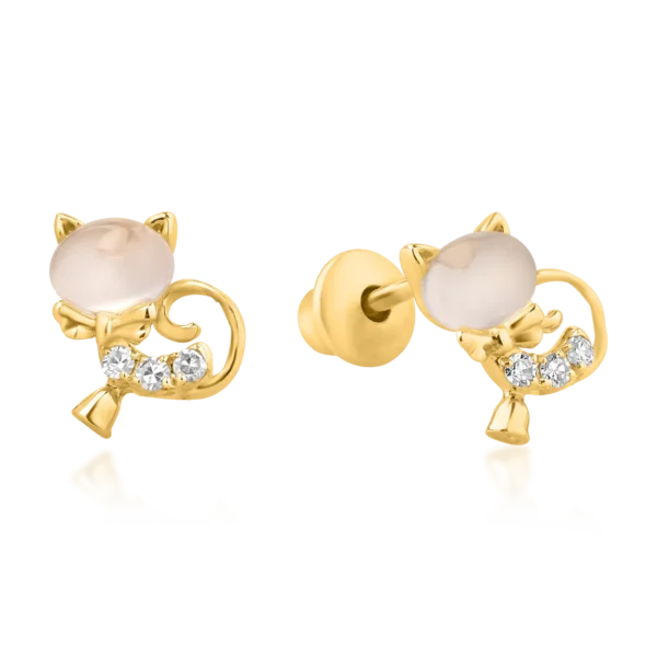 Cercei pisicute din aur galben cu topaze albe ovale de 0.59ct si diamante round de 0.036ct pentru copii