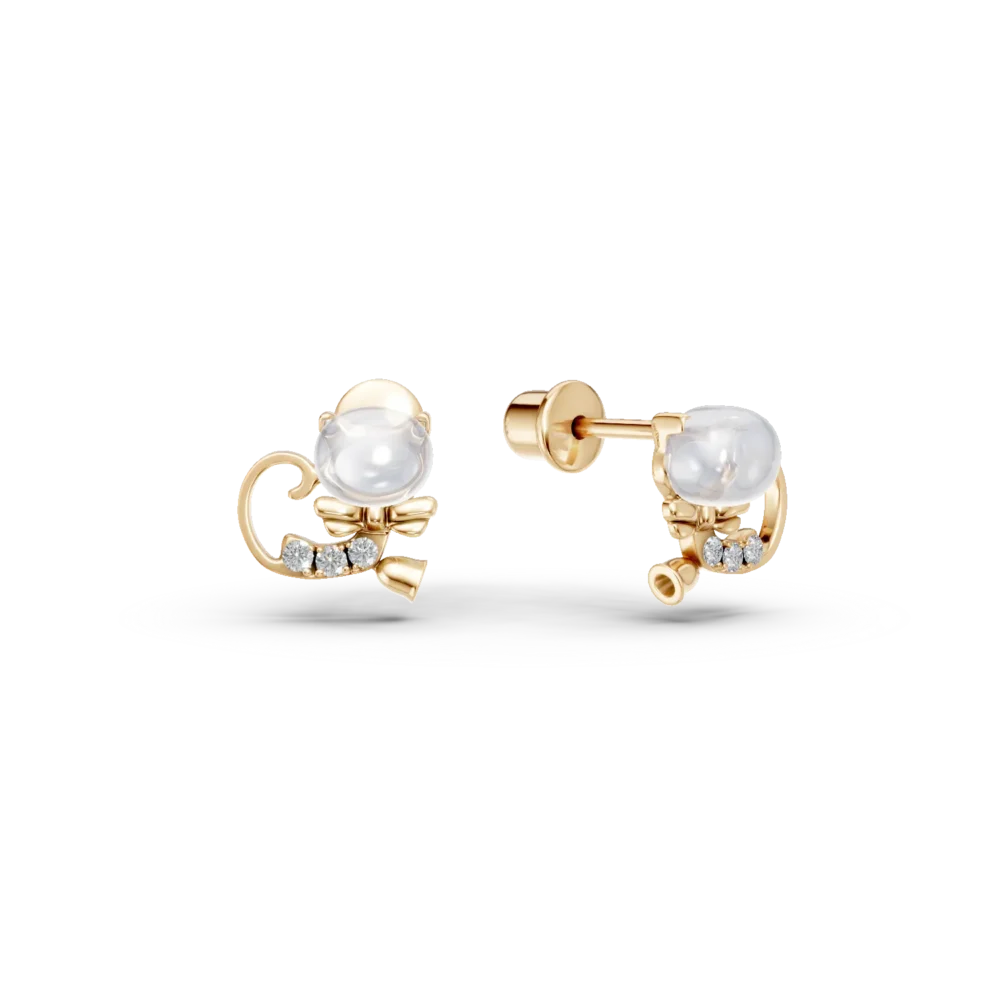 Cercei pisicute din aur galben cu topaze albe ovale de 0.63ct si diamante round de 0.035ct pentru copii