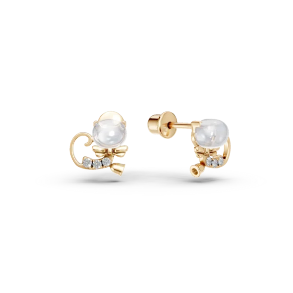 Cercei pisicute din aur galben cu topaze albe ovale de 0.63ct si diamante round de 0.035ct pentru copii