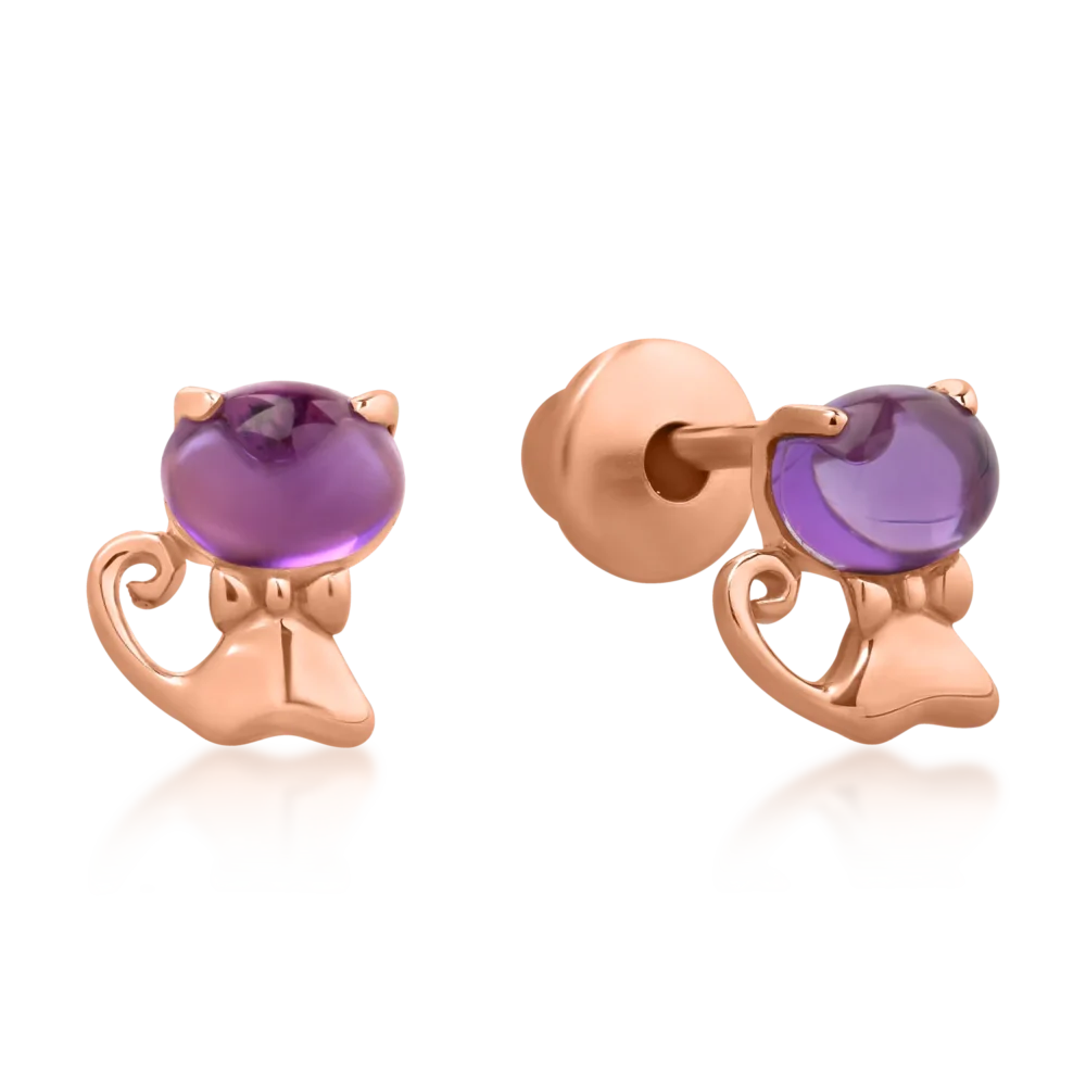 Cercei pisicute din aur roz cu ametiste ovale de 0.36ct pentru copii