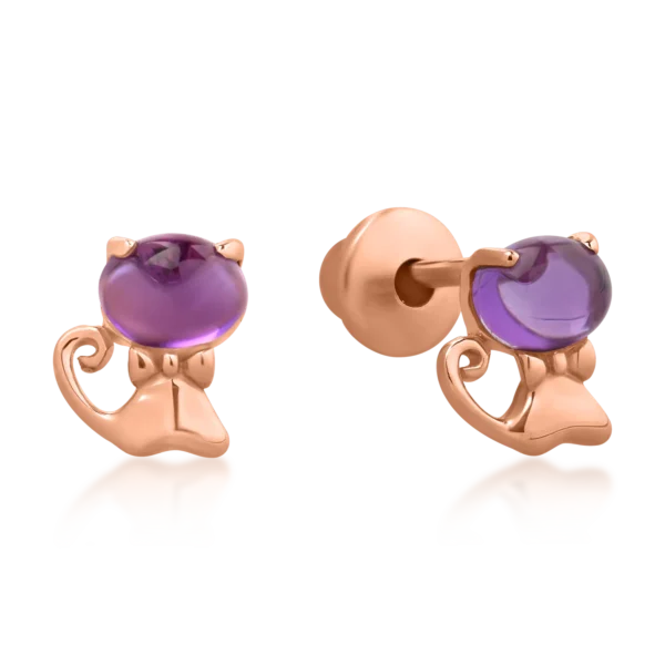 Cercei pisicute din aur roz cu ametiste ovale de 0.36ct pentru copii