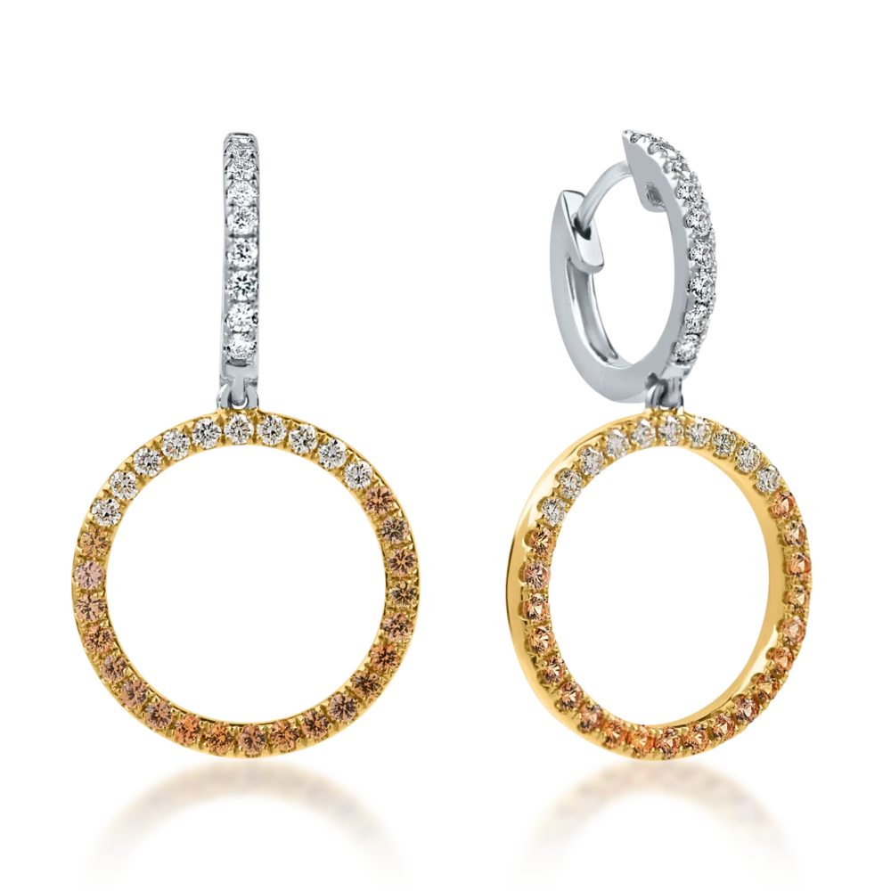 Cercei rotunzi din aur alb-galben cu safire si diamante de 0.99ct