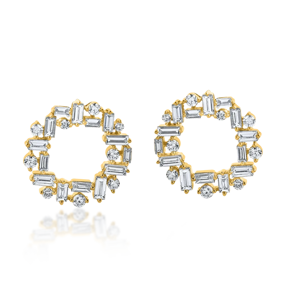 Cercei rotunzi din aur galben cu diamante baguette si rotunde de 1.5ct - imagine 2