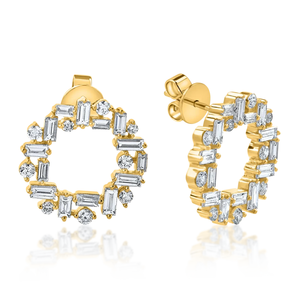 Cercei rotunzi din aur galben cu diamante baguette si rotunde de 1.5ct