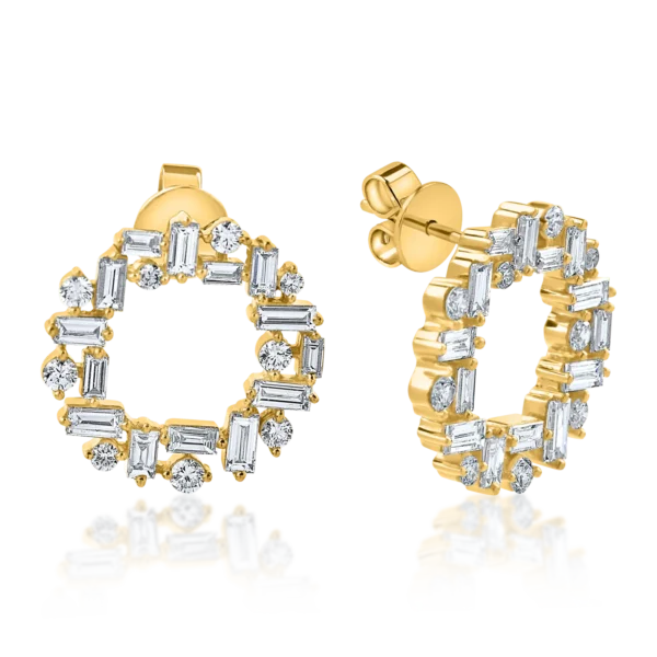 Cercei rotunzi din aur galben cu diamante baguette si rotunde de 1.5ct