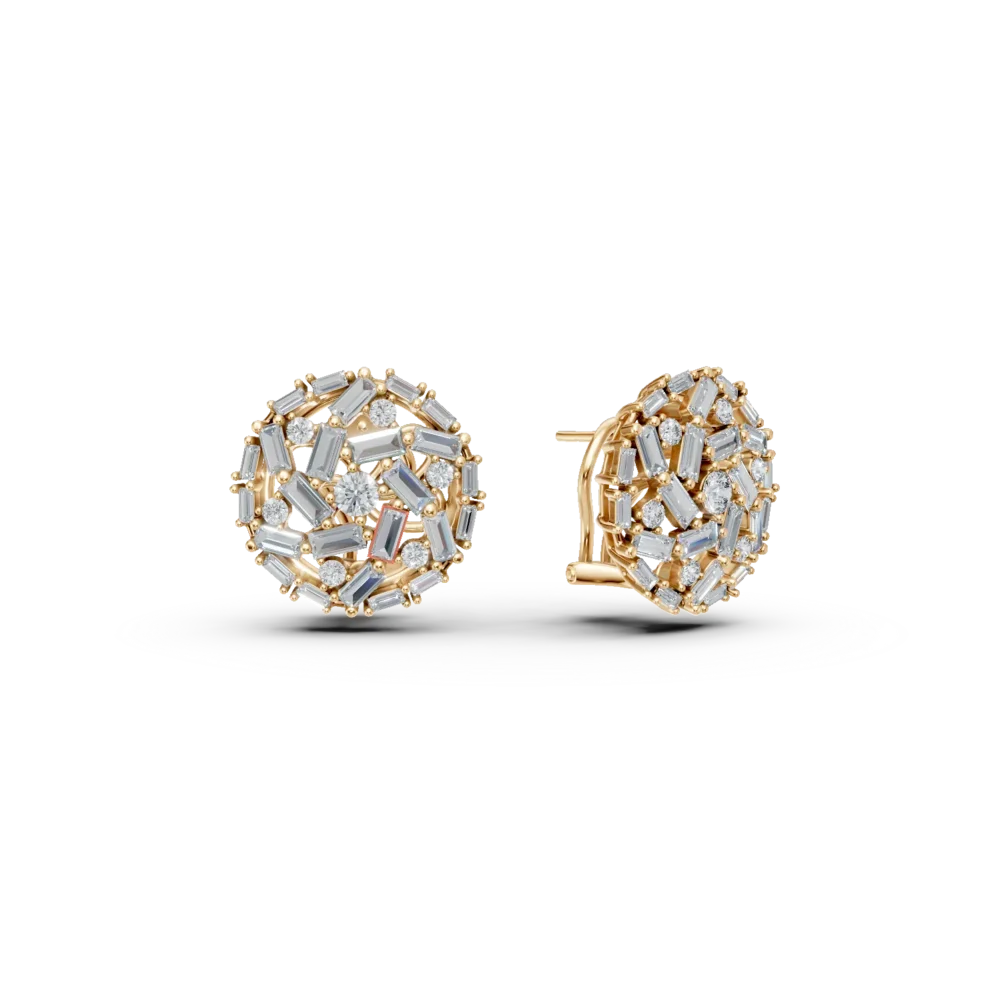 Cercei rotunzi din aur galben cu diamante baguette si rotunde de 2.1ct