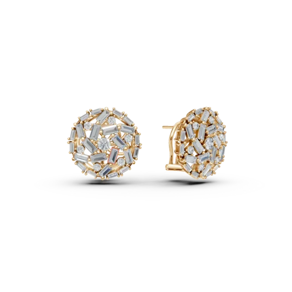 Cercei rotunzi din aur galben cu diamante baguette si rotunde de 2.1ct