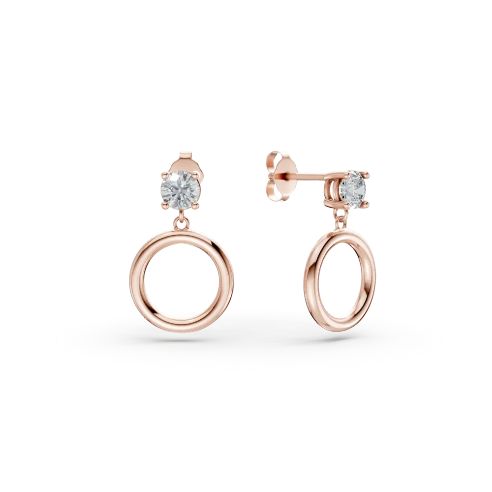 Cercei rotunzi din aur roz cu zirconia solitaire