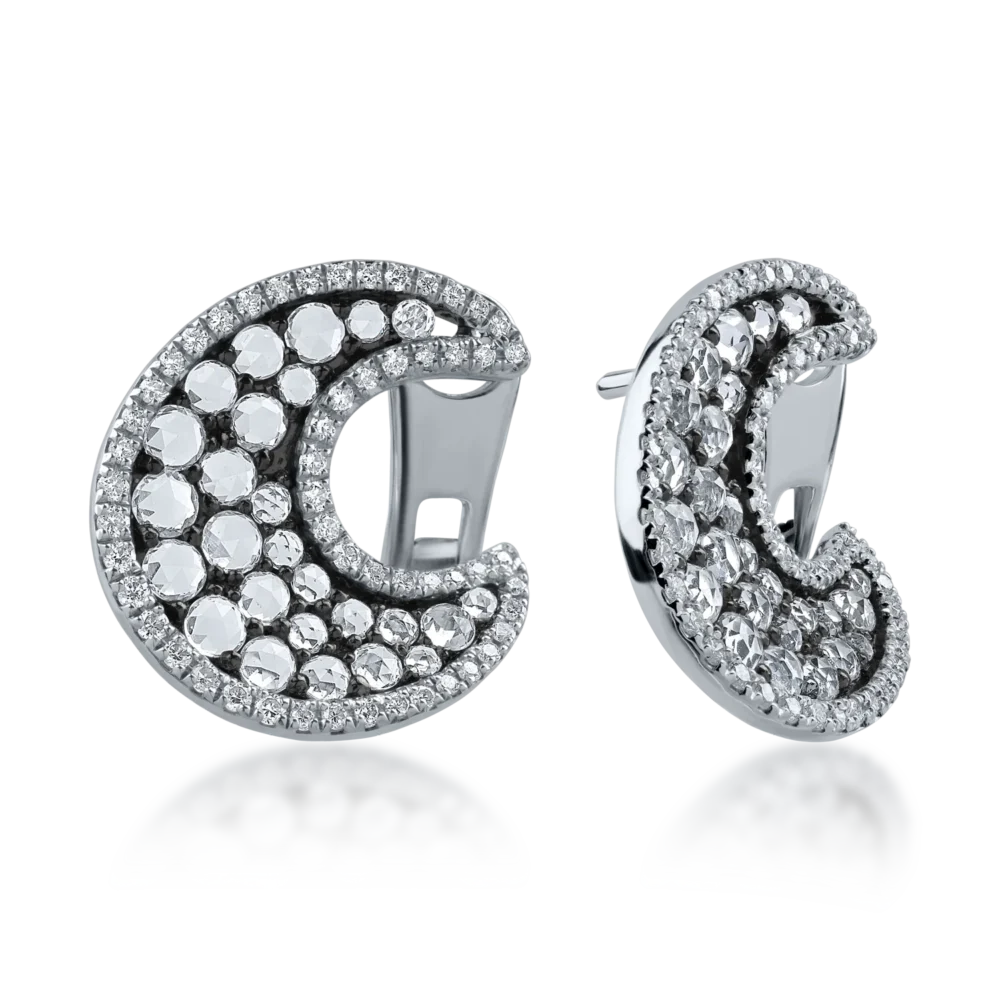 Cercei semiluna din aur alb cu safire albe rose de 1.35ct si diamante de 0.36ct