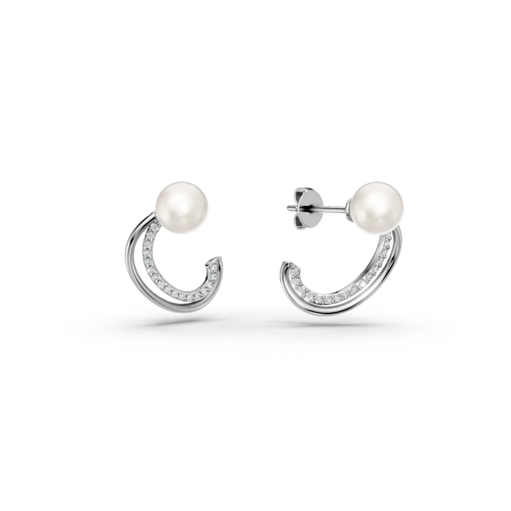 Cercei semiluna din aur alb cu zirconia si perle sintetice