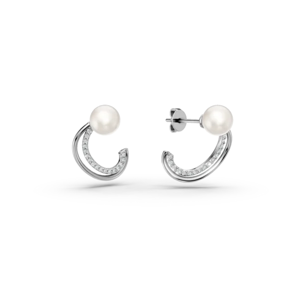 Cercei semiluna din aur alb cu zirconia si perle sintetice