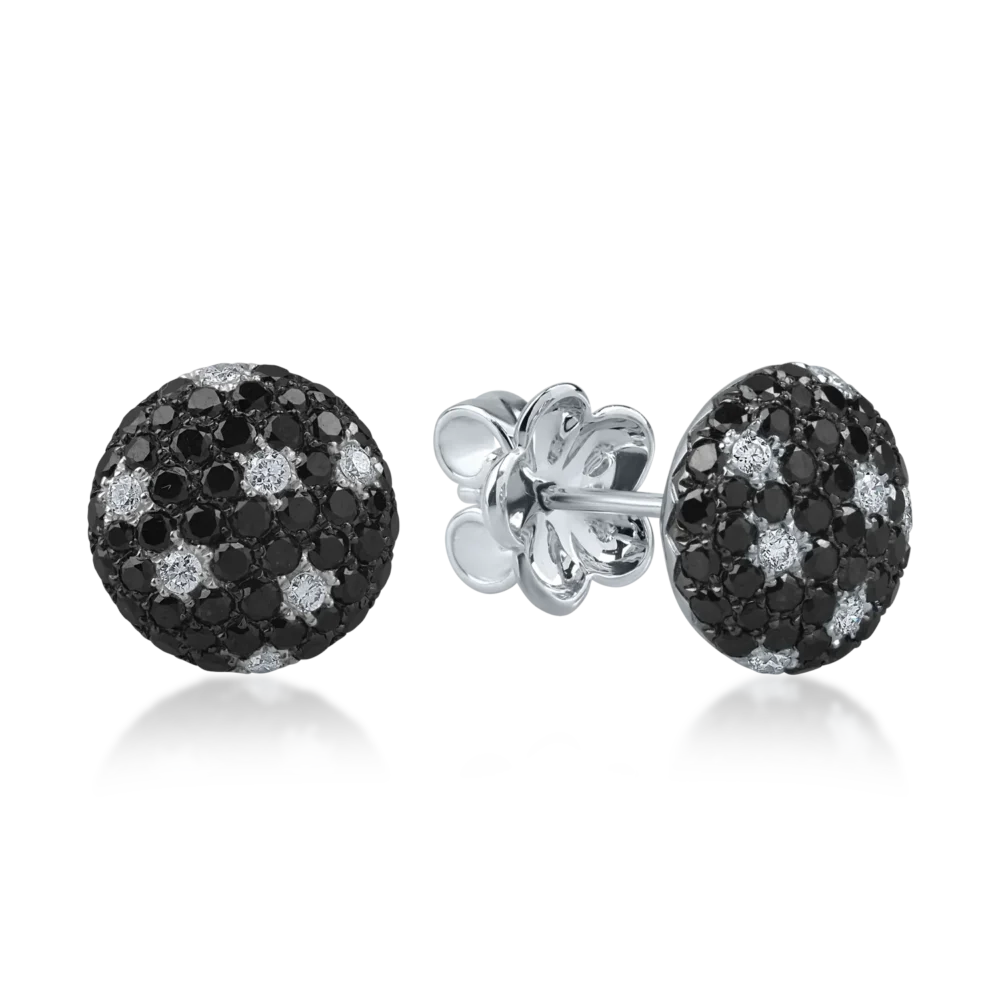 Cercei stud din aur alb cu diamante negre de 1.1ct si diamante incolore de 0.1ct