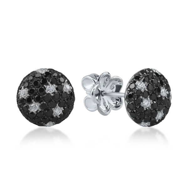 Cercei stud din aur alb cu diamante negre de 1.1ct si diamante incolore de 0.1ct