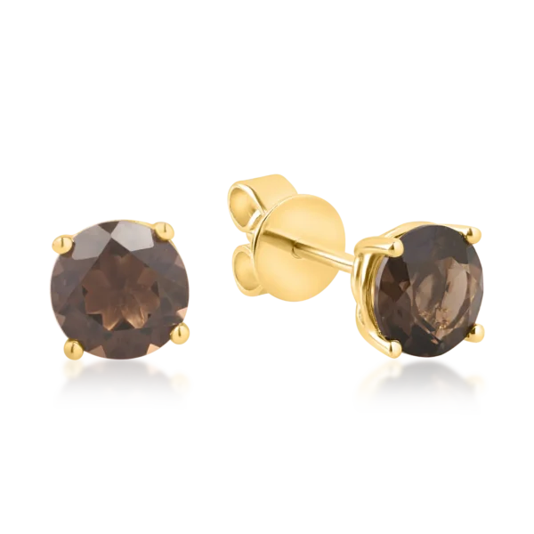 Cercei stud din aur galben cu quartz fumuriu de 1.5ct