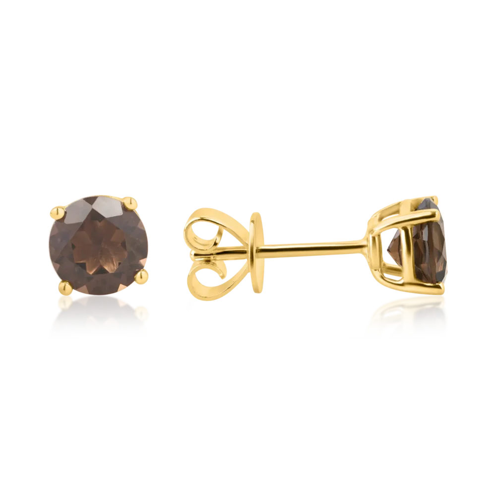 Cercei stud din aur galben cu quartz fumuriu de 1.5ct - imagine 3