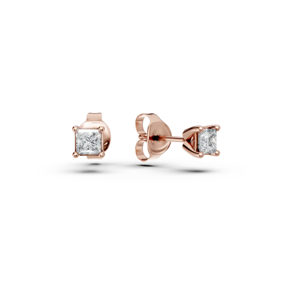 Cercei stud din aur roz cu diamante princess de 0.2ct
