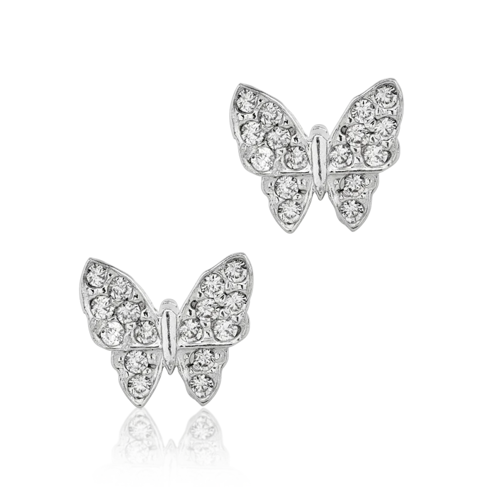 Cercei stud fluturasi din aur alb cu zirconia microsetting - imagine 2