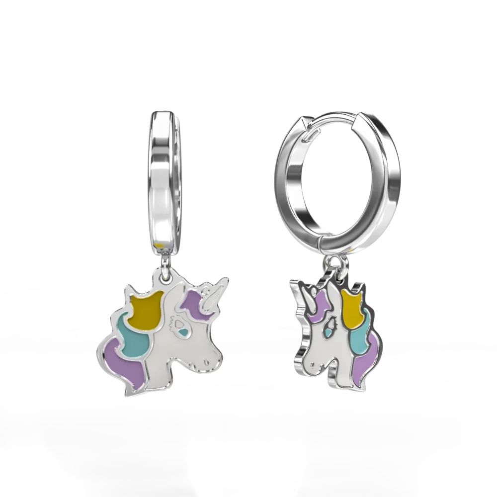Cercei unicorn din aur alb cu insertii multicolore pentru copii