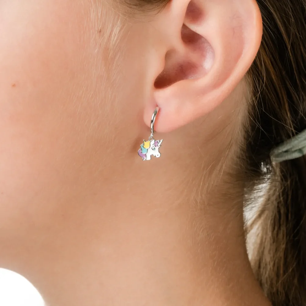 Cercei unicorn din aur alb cu insertii multicolore pentru copii - imagine 4