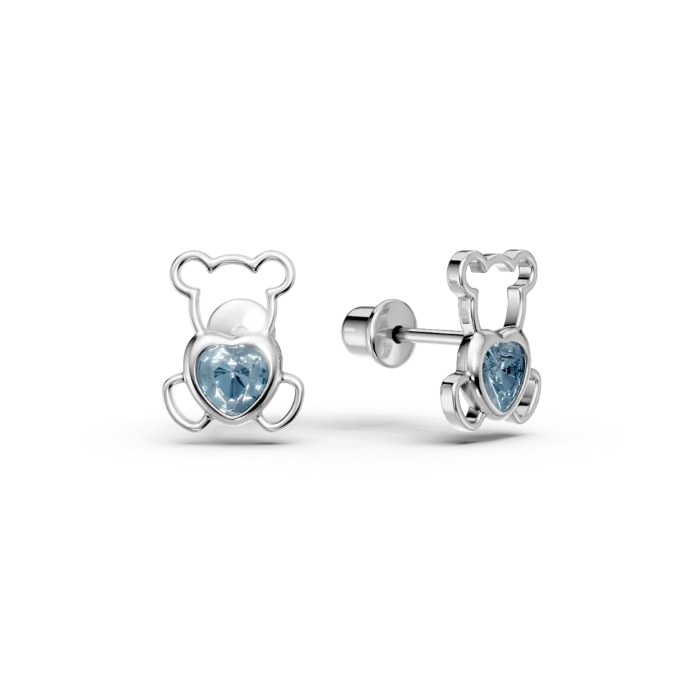 Cercei ursulet din aur alb cu topaze albastre heart de 0.2ct pentru copii
