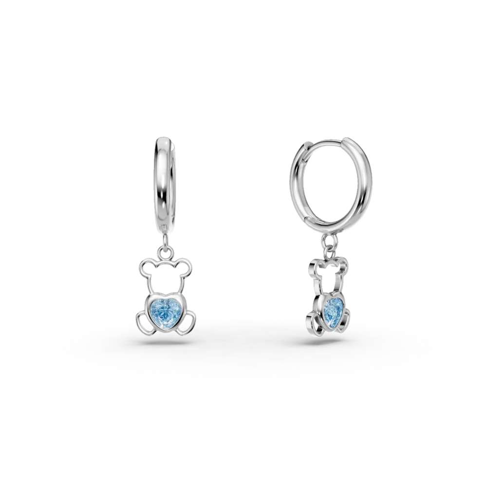 Cercei ursulet din aur alb cu topaze albastre heart de 0.3ct pentru copii