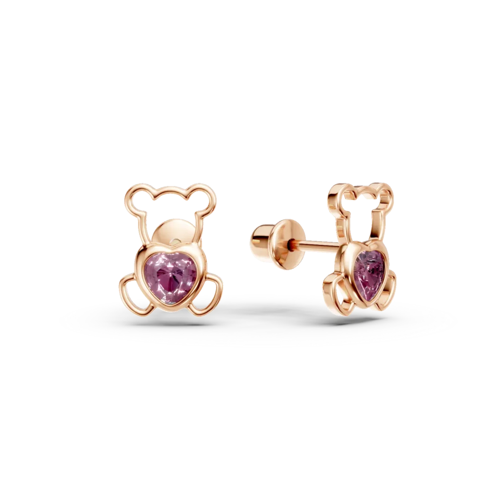 Cercei ursulet din aur roz cu safire roz heart de 0.2ct pentru copii