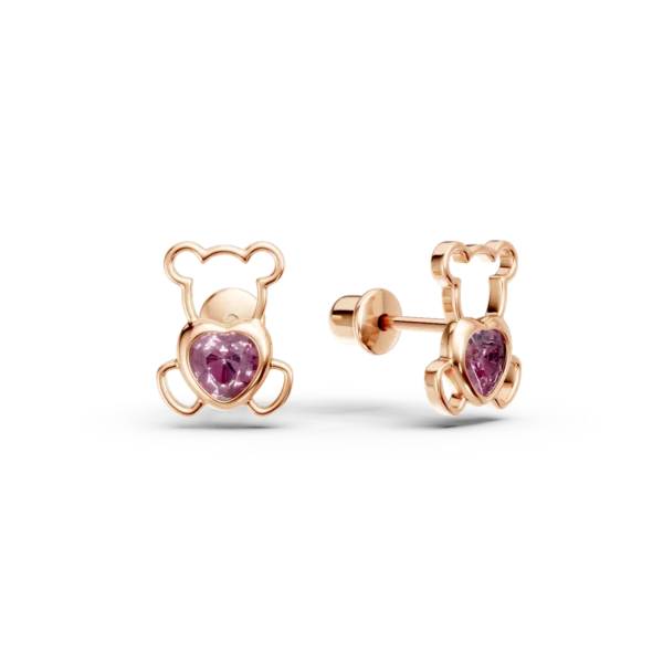 Cercei ursulet din aur roz cu safire roz heart de 0.2ct pentru copii
