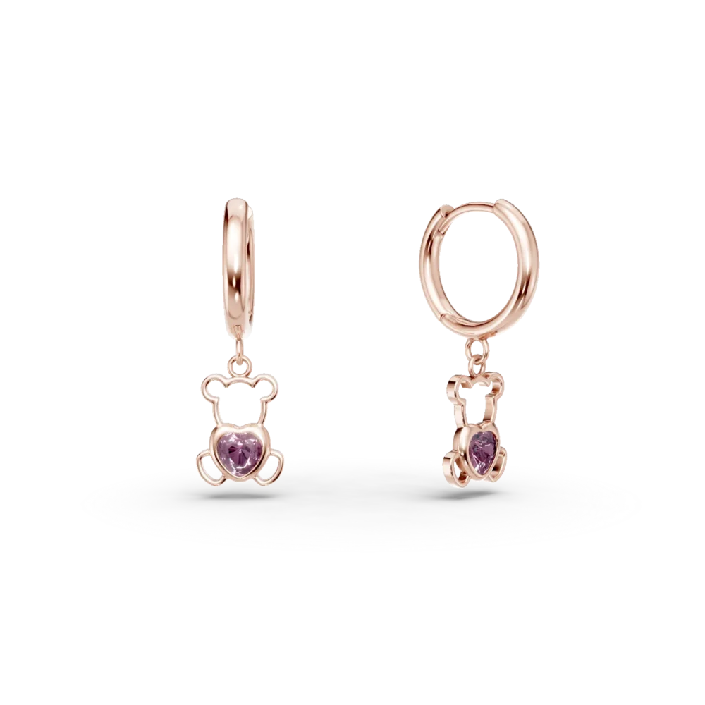 Cercei ursulet din aur roz cu safire roz heart de 0.2ct pentru copii