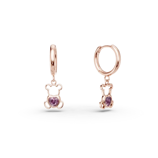 Cercei ursulet din aur roz cu safire roz heart de 0.2ct pentru copii