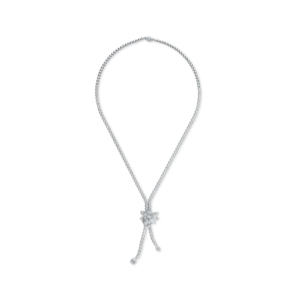 Colier cu floare din aur alb cu diamante baguette si rotunde de 5.3ct