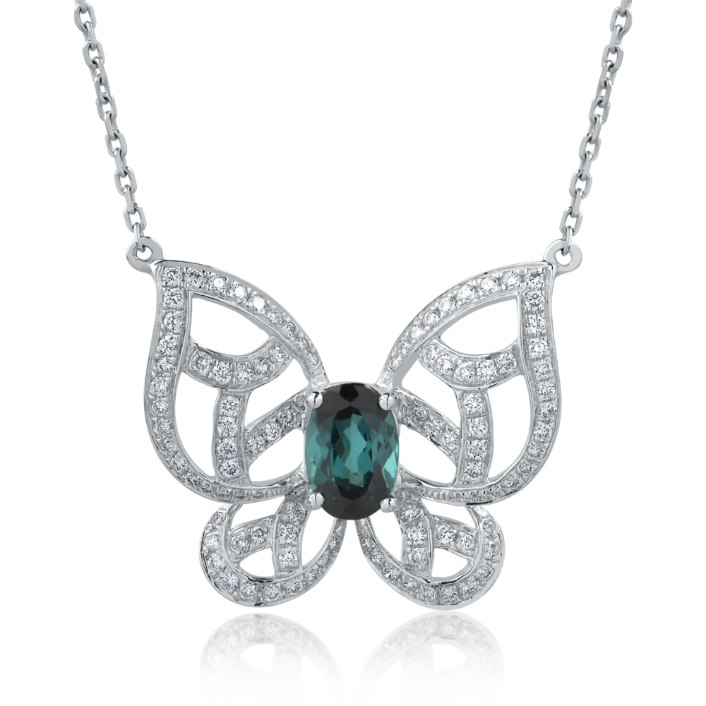 Colier cu fluture din aur alb cu turmalina verde ovala de 1.12ct si diamante de 0.54ct