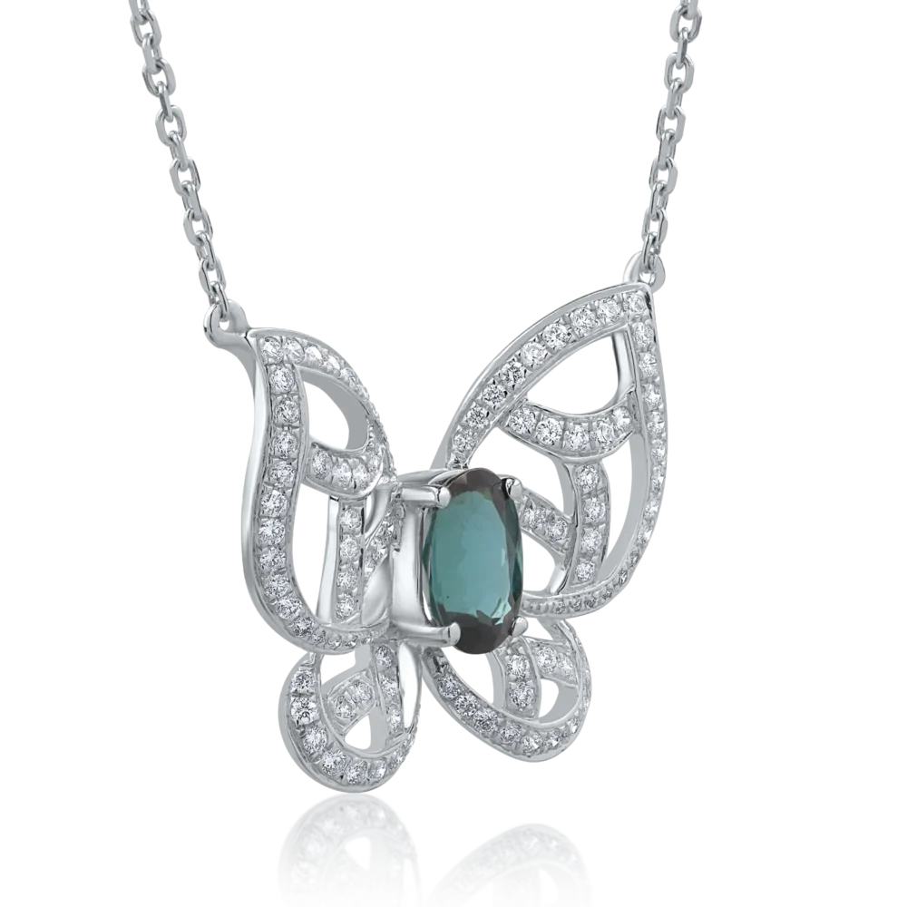 Colier cu fluture din aur alb cu turmalina verde ovala de 1.12ct si diamante de 0.54ct - imagine 2