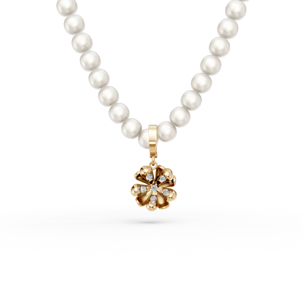 Colier cu pandantiv floare de tei din aur galben cu diamante de 0.08ct si perle de cultura