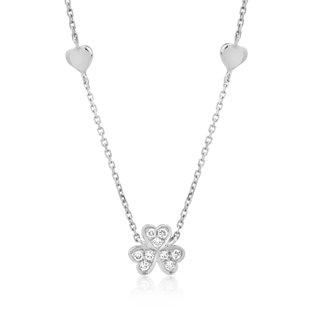 Colier cu trifoi si inimioare din aur alb cu diamante de 0.061ct